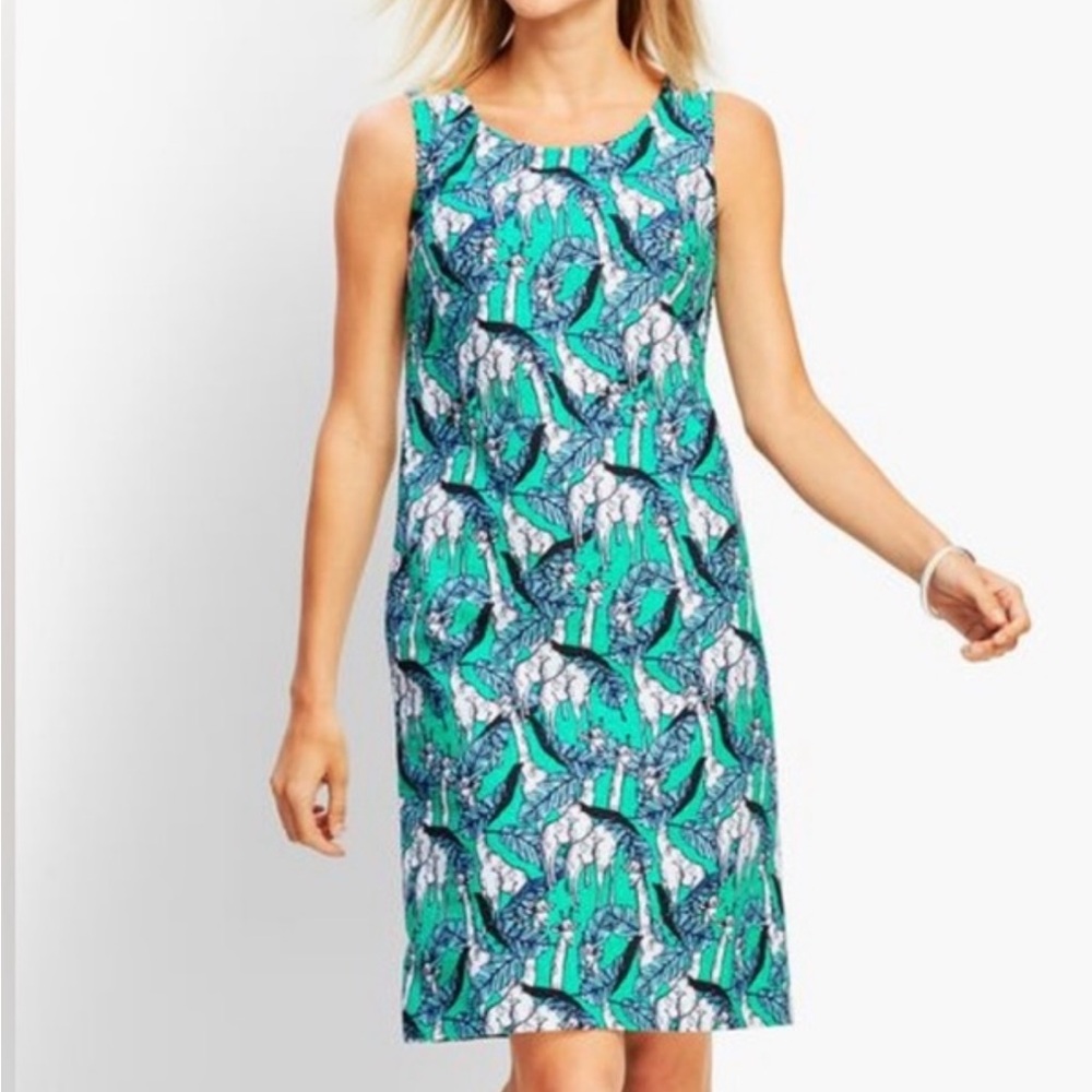 TALBOTS Women’s Green Jungle Giraffe Print Cotton Sleeveless Shift Dress Size 8
